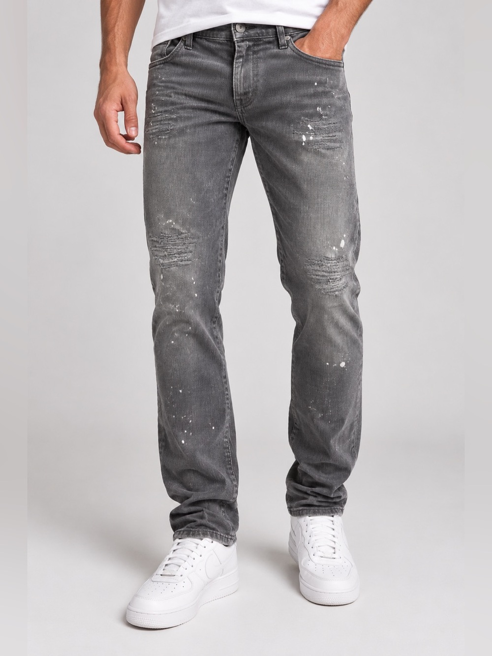 Purple Brand Grey Corduroy Slim Pants Distressed Paint Splatter 31